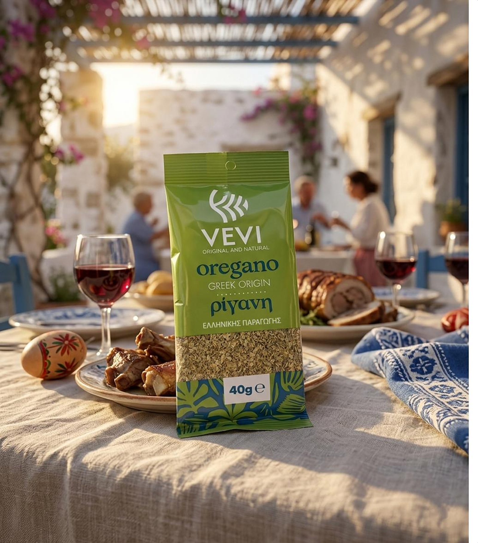 VEVI Greek oregano sachet on a summer table in Greece
